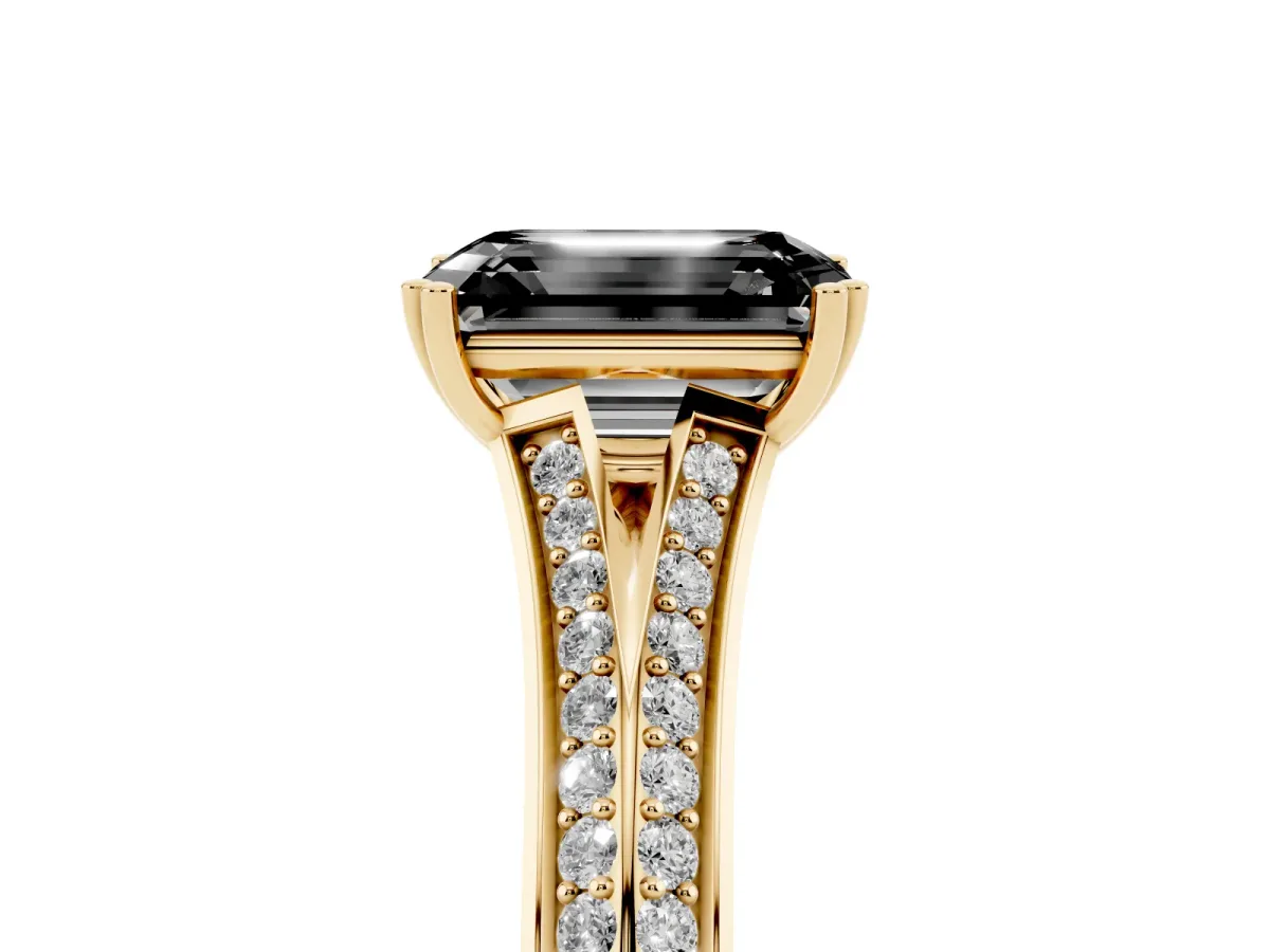 Fancy Black Emerald Cut Diamond Split Shank Engagement Ring with Pavé Band Yellow gold