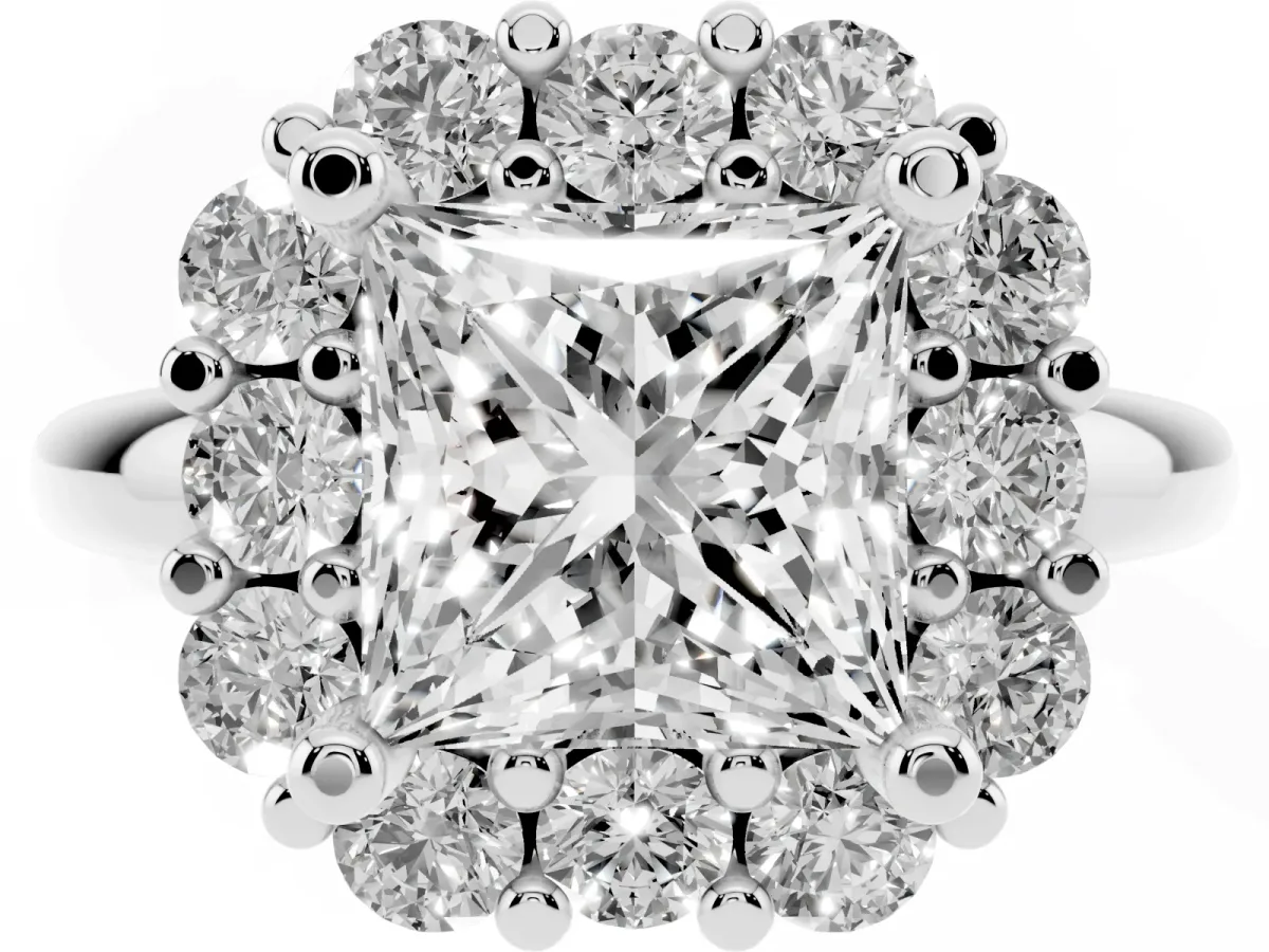 Princess Cut Halo Cluster Diamond Engagement Ring with Prong Setting and Polished Band Silver