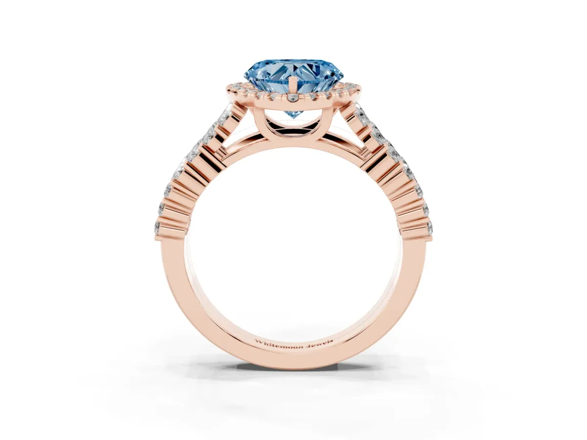Fancy Blue Heart Cut Diamond Halo Engagement Ring with Triple Row Round Pavé Band and Prong Setting Rose gold