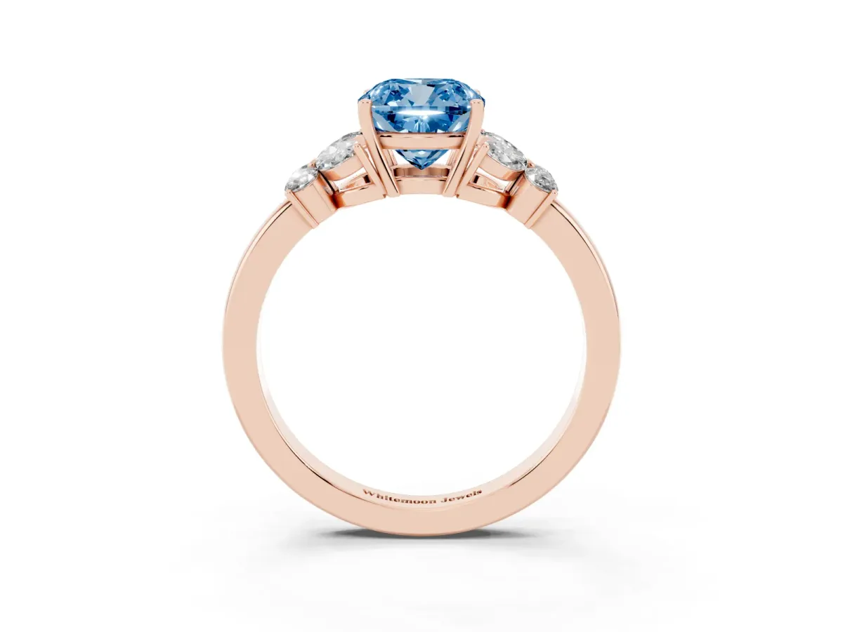 Fancy Blue Cushion Cut Cut Solitaire Floral Diamond Ring with Four-Prong Setting Rose gold