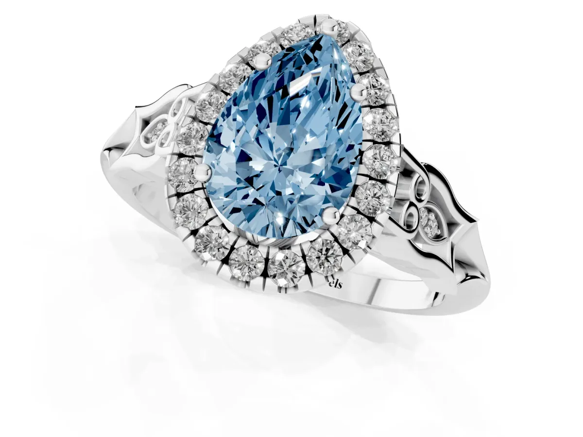 Fancy Blue Pear Cut Halo Diamond Engagement Ring with Filigree Band and Four-Prong Setting Platinum