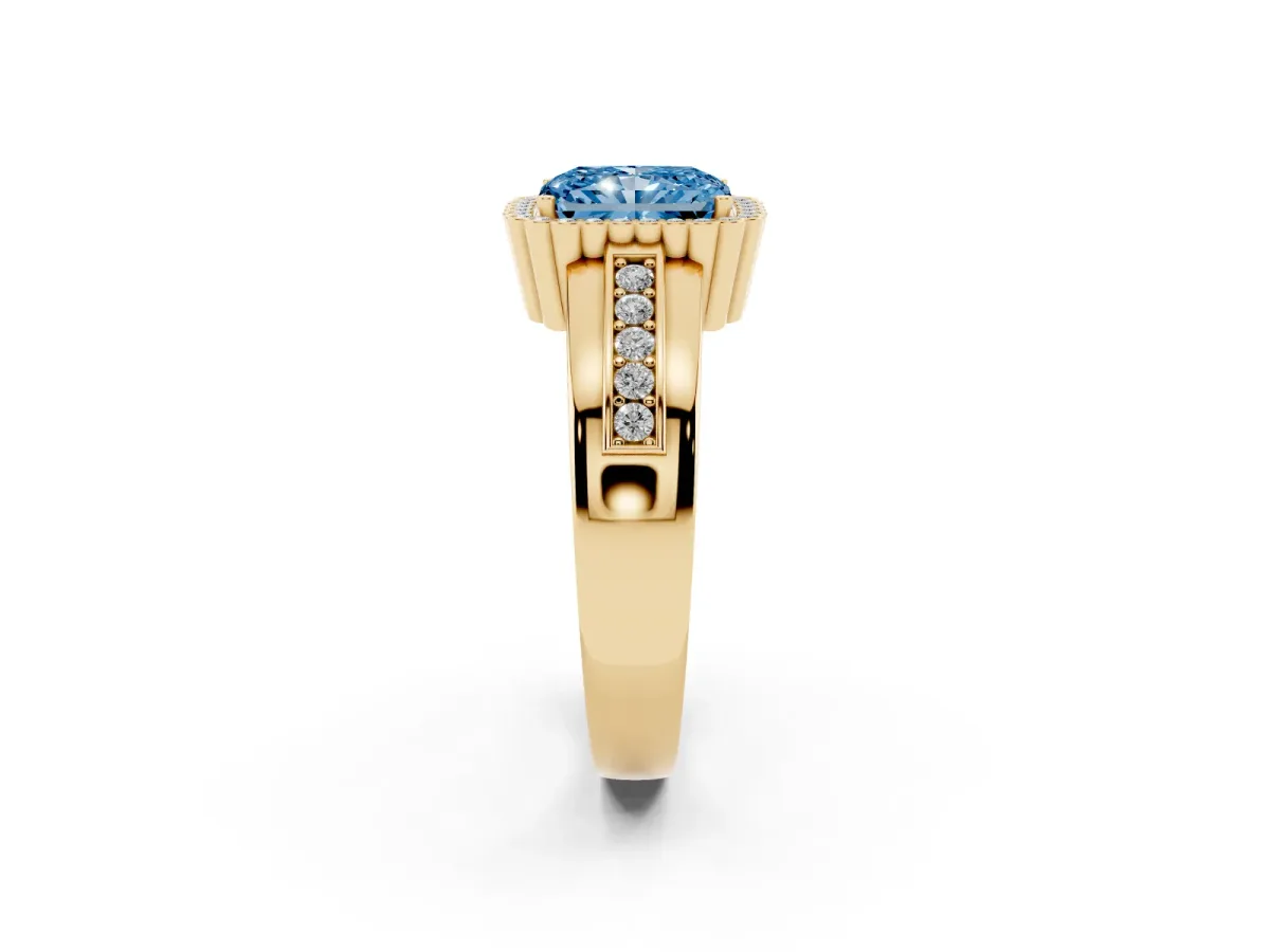 Fancy Blue Radiant Cut Cut Halo Pave Band Four-Prong Ring Yellow gold