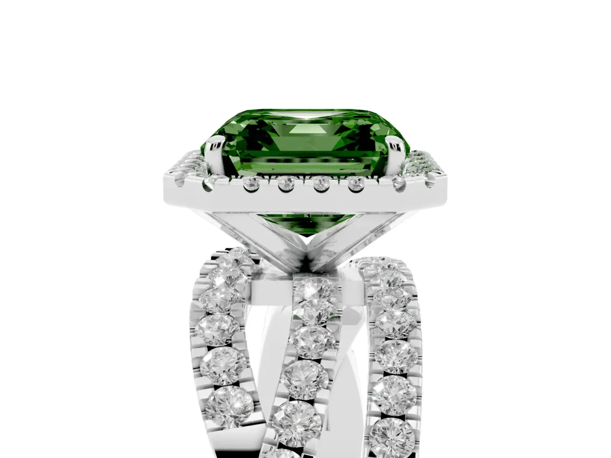 Fancy Green Asscher Cut Diamond Halo Ring with Round Split Shank and Prong Setting Silver