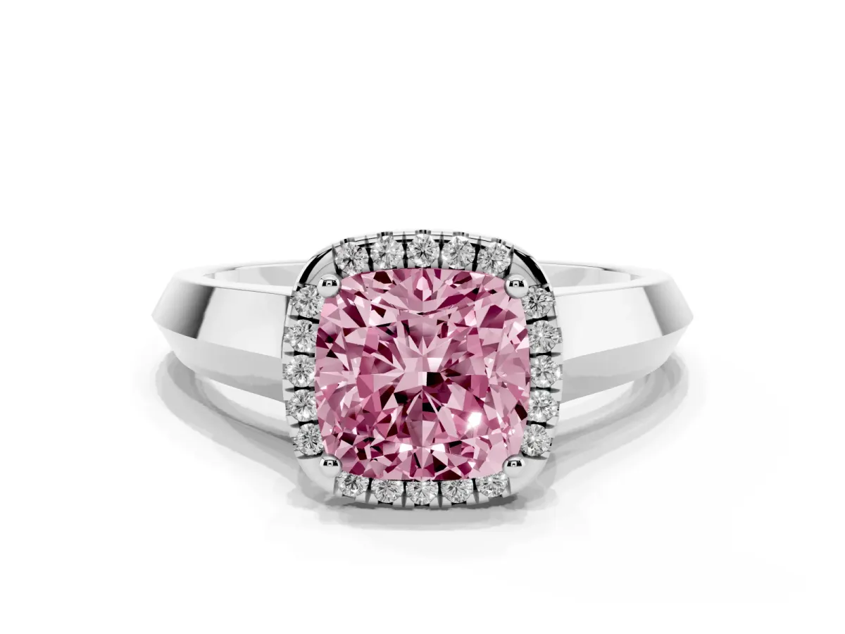 Fancy Pink Cushion Cut Halo Diamond Ring with Cathedral Band and Four-Prong Setting Silver