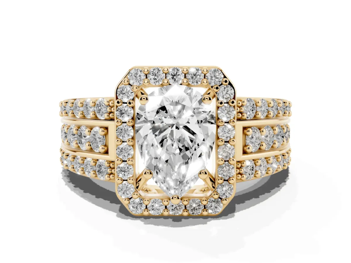 Pear Cut Halo Diamond Ring with Round Split Shank and Prong Setting Yellow gold