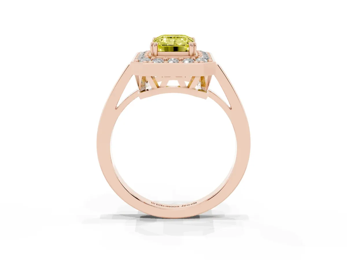 Fancy Yellow Emerald Cut Diamond Halo Ring with Split Shank and Four-Prong Setting Rose gold