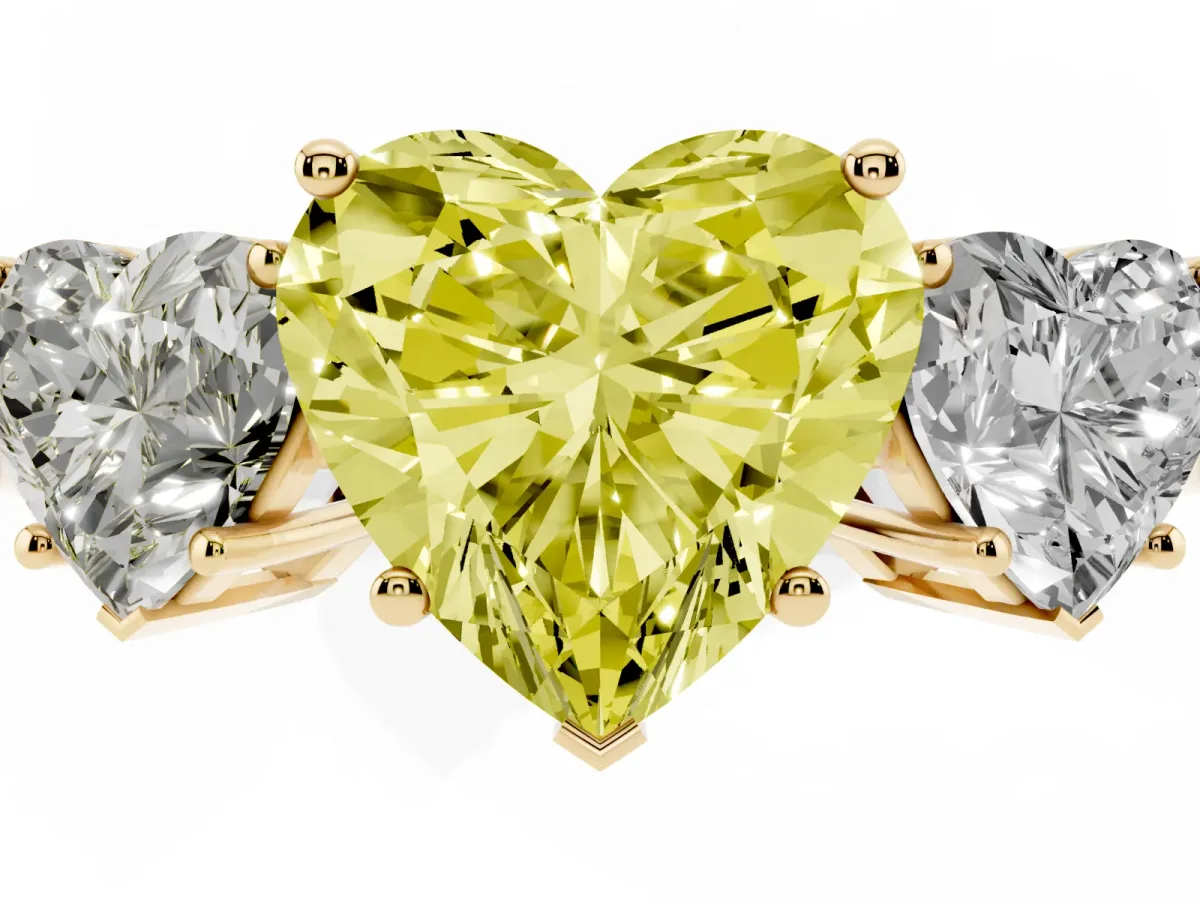 Fancy Yellow Three-Stone Heart Cut Cut Diamond Engagement Ring with Flat Band and Four-Prong Setting Yellow gold
