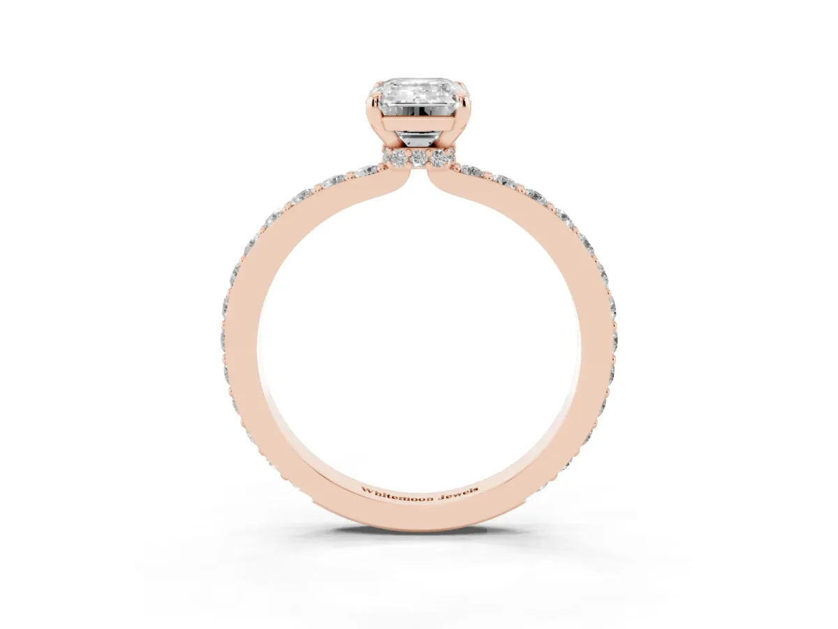 Emerald Cut Diamond Pavé Engagement Ring with Round Accents and Prong Setting Rose gold