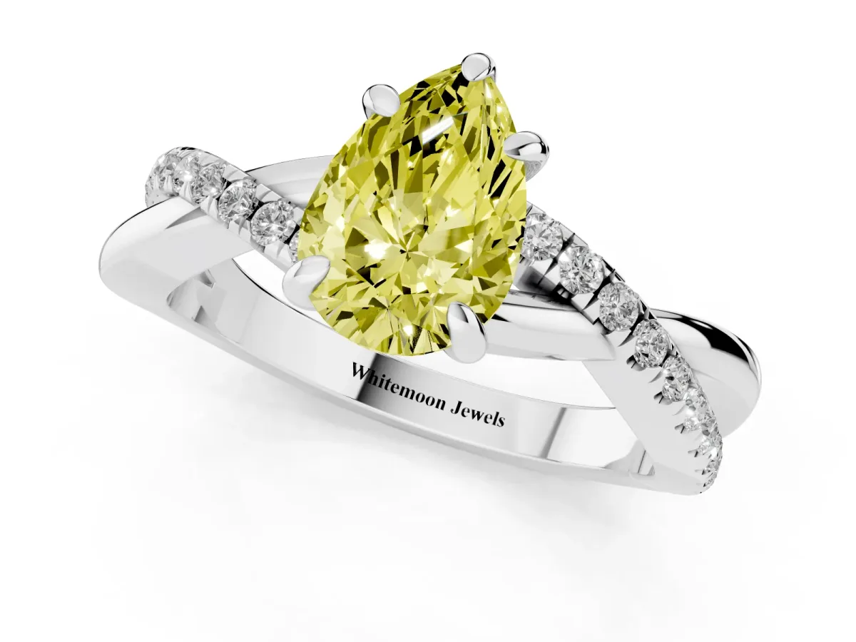 Fancy Yellow Pear Cut Cut Diamond Twist Band Solitaire with Prong Setting Platinum