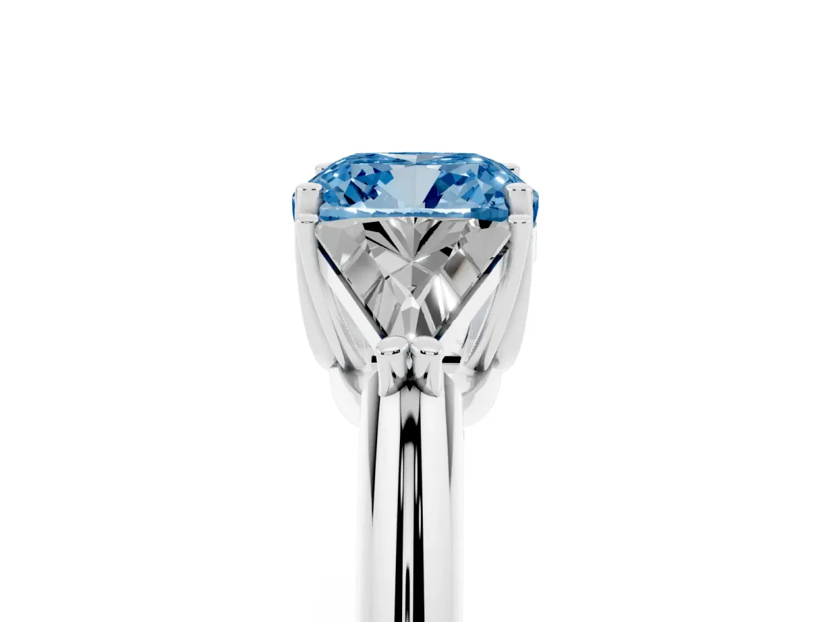 Fancy Blue Three-Stone Cushion Cut Diamond Engagement Ring with Trillion Side Stones and Prong Setting Silver