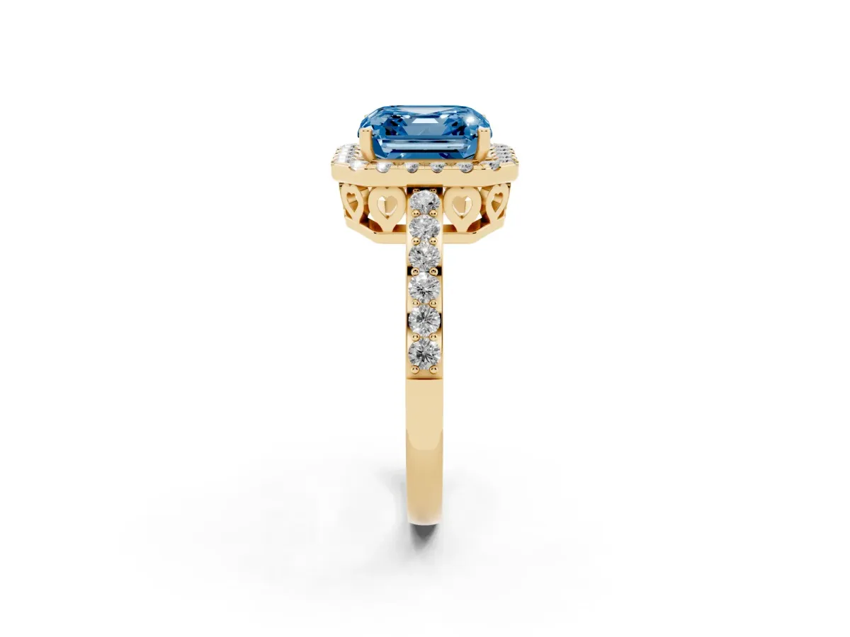 Fancy Blue Asscher Cut Halo Diamond Pavé Band Ring with Prong Setting Yellow gold