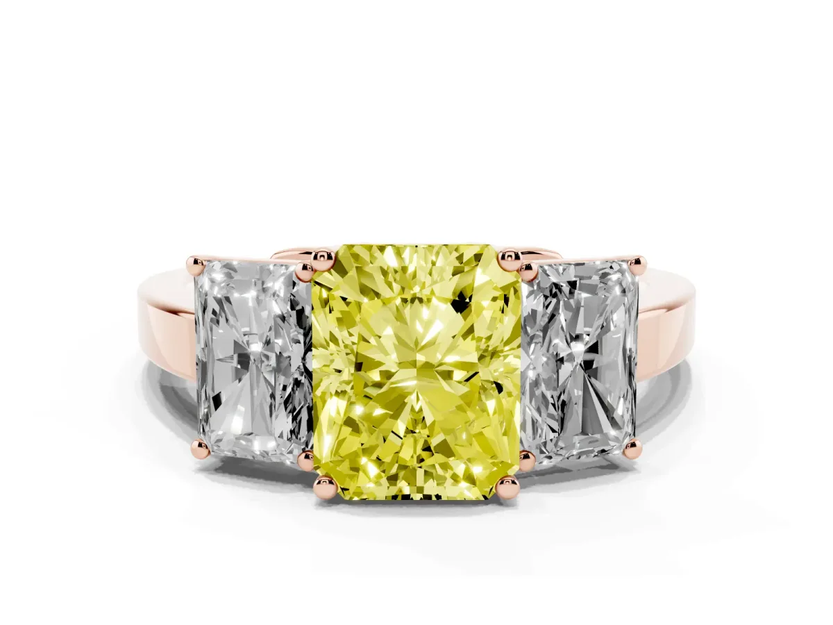 Fancy Yellow Three-Stone Radiant Cut Cut Diamond Engagement Ring with Flat Band and Four-Prong Setting Rose gold