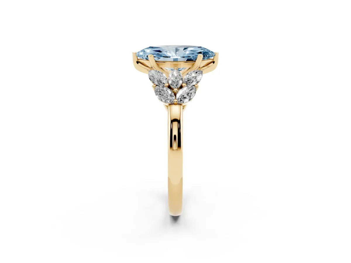 Fancy Blue Marquise Cut Diamond Cluster Leaf Design Ring with Prong Setting Yellow gold