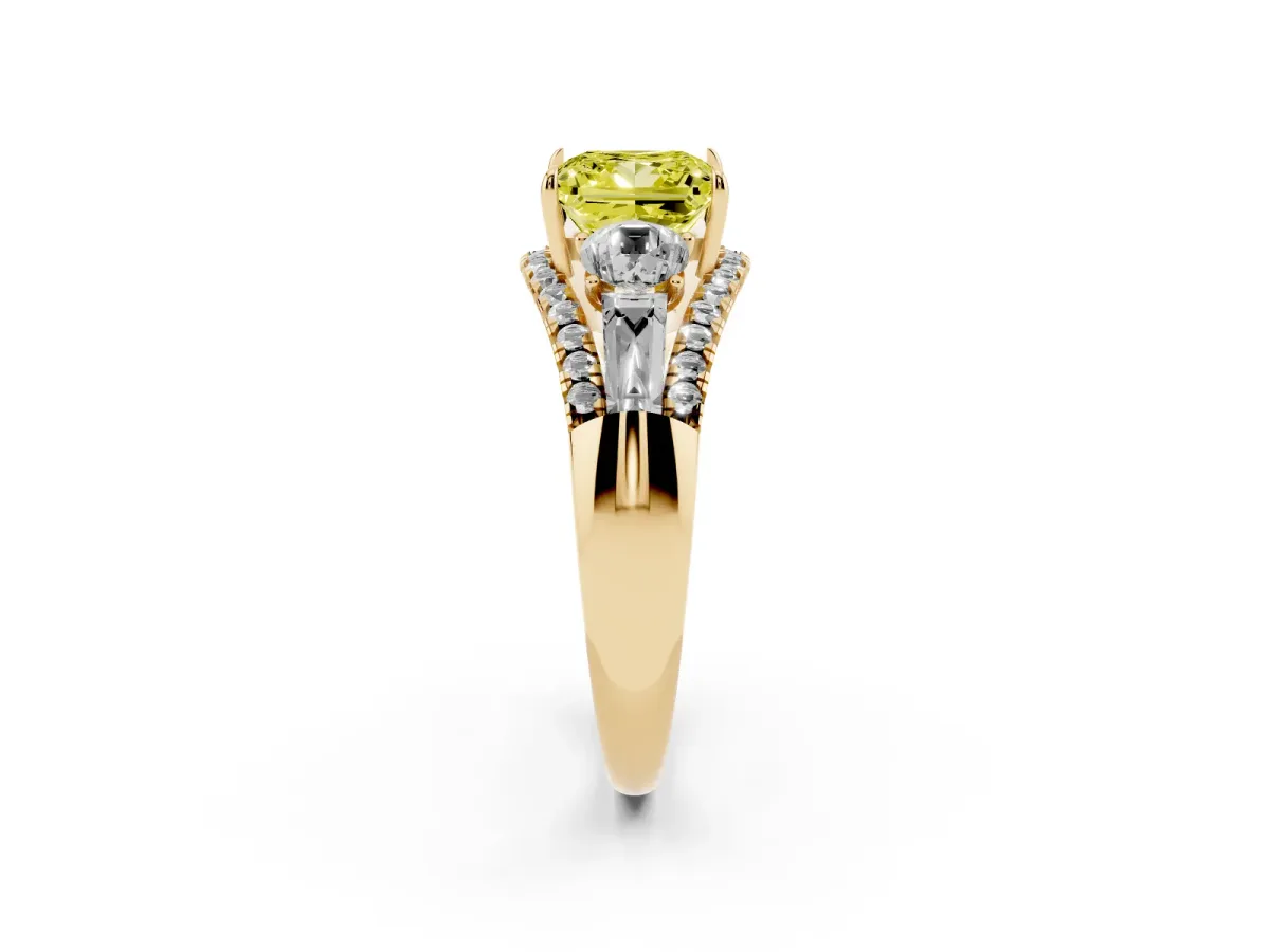 Fancy Yellow Three-Stone Princess Cut Diamond Engagement Ring with Pave Band and Prong Setting Yellow gold
