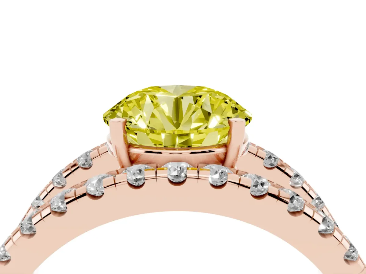Fancy Yellow Round Cut Solitaire Split Shank Pave Diamond Ring Rose gold