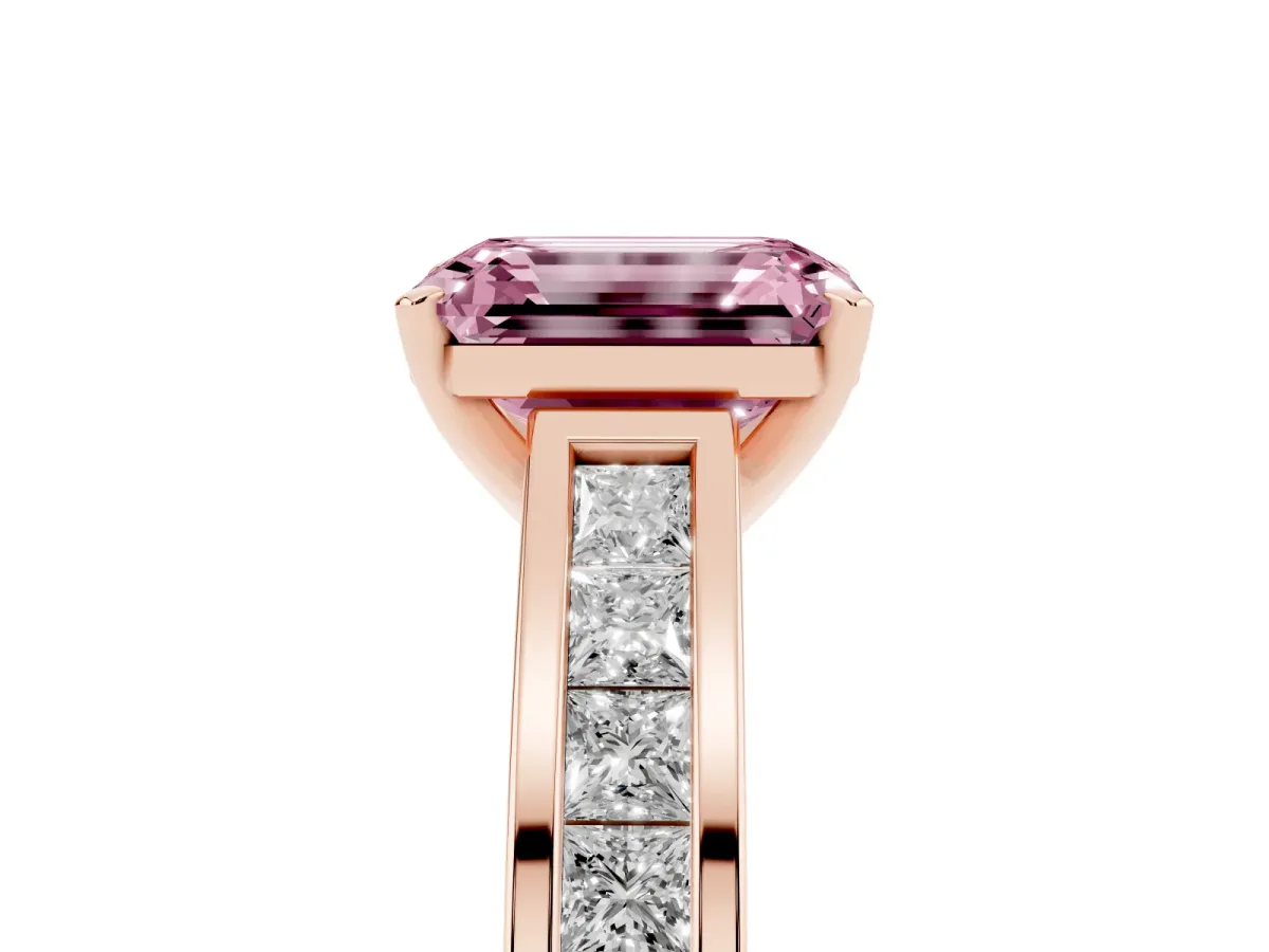 Fancy Pink Emerald Cut Solitaire Diamond Ring with Channel-Set Band and Four-Prong Setting Rose gold