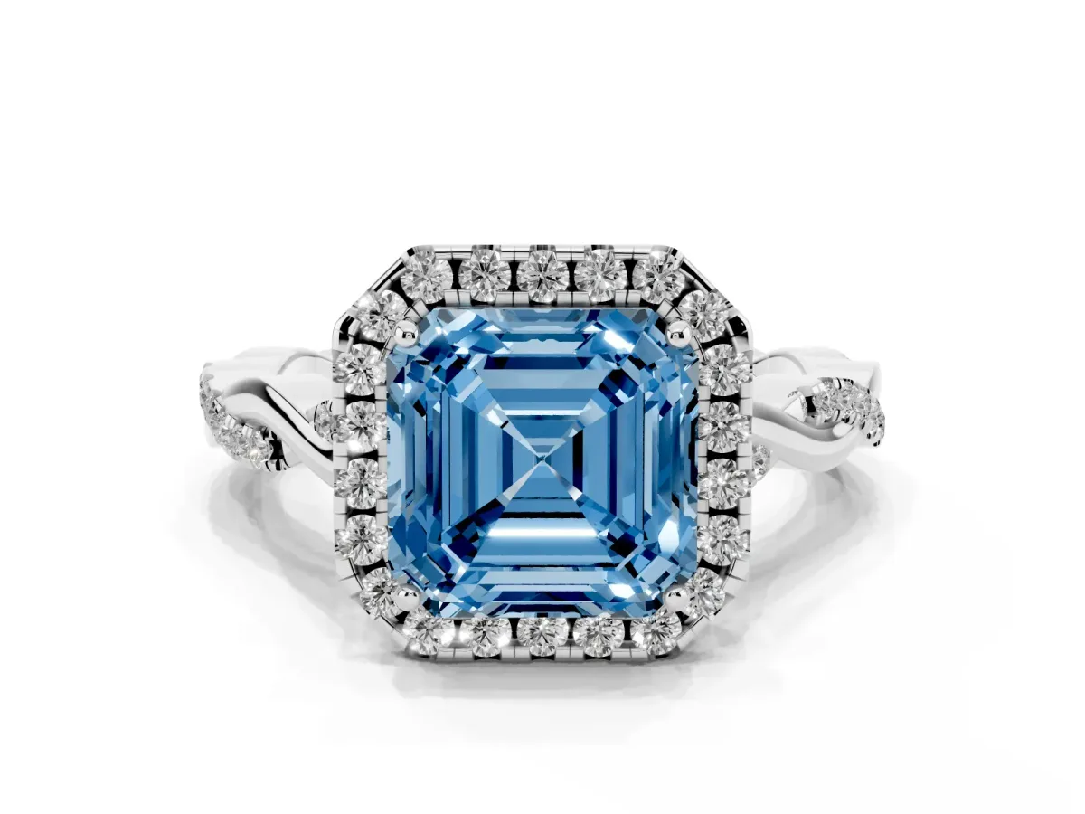 Fancy Blue Asscher Cut Halo Twist Band Solitaire Ring Silver