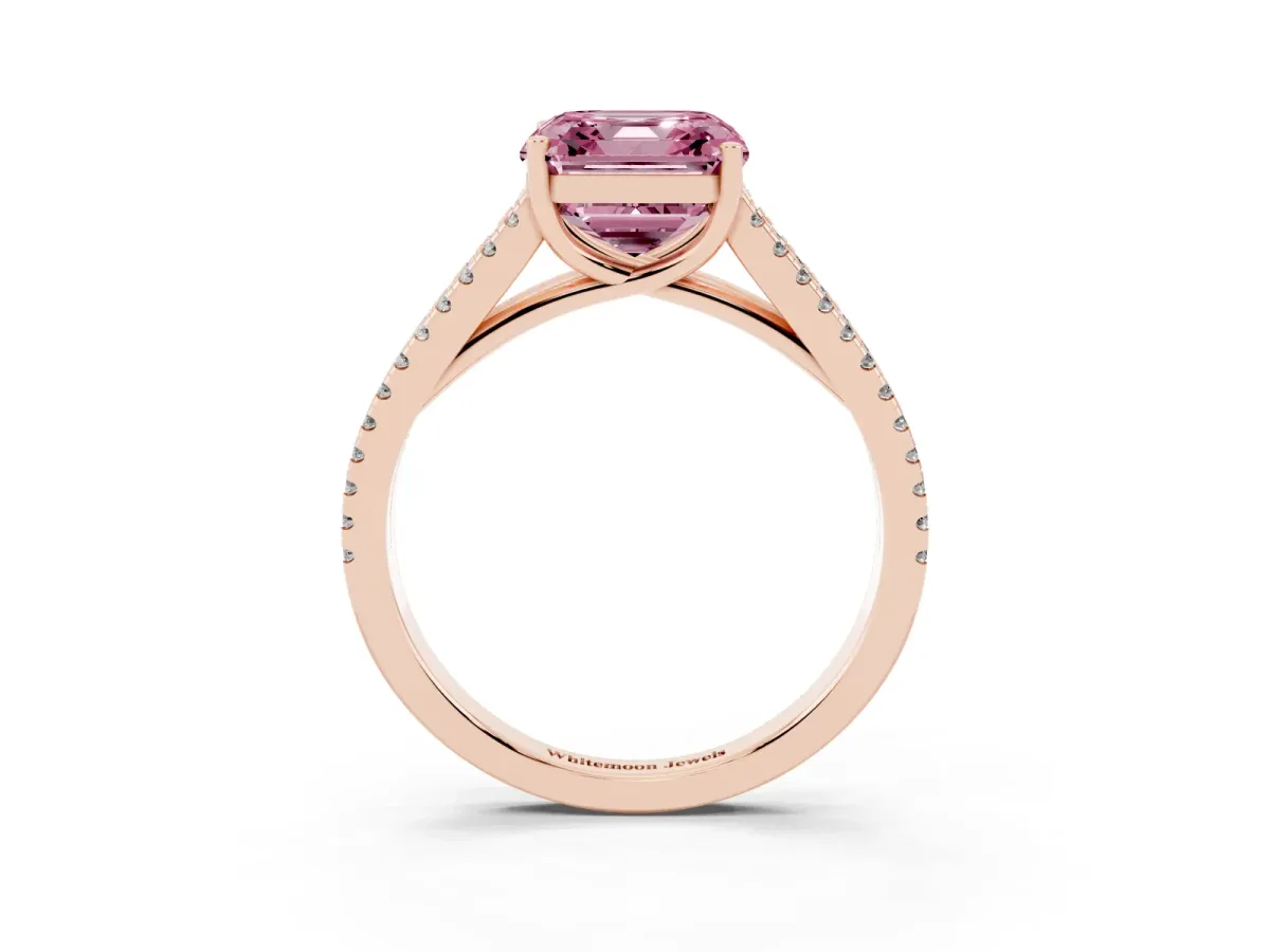 Fancy Pink Asscher Cut Diamond Solitaire Engagement Ring with Split Shank Pavé Band Rose gold
