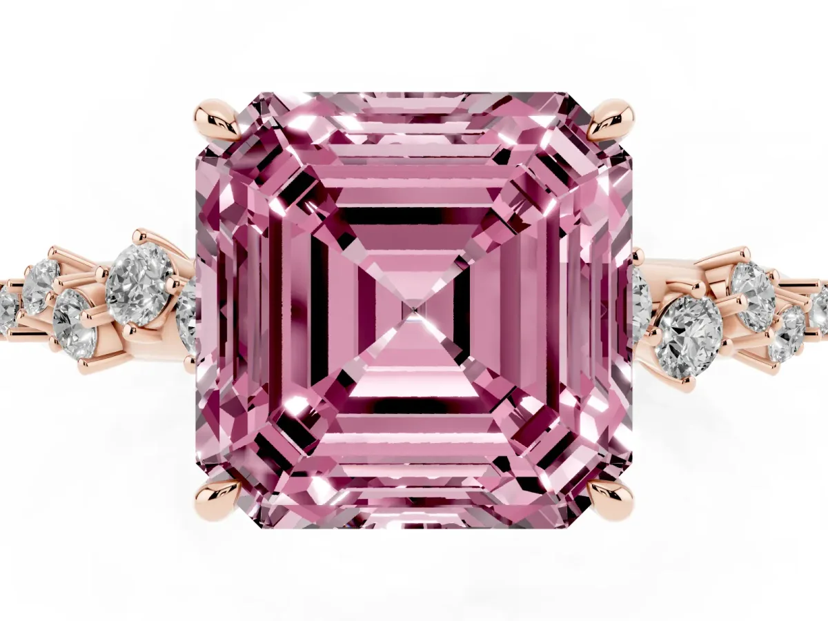 Fancy Pink Asscher Cut Diamond Cluster Side Stone Solitaire Ring with Prong Setting Rose gold