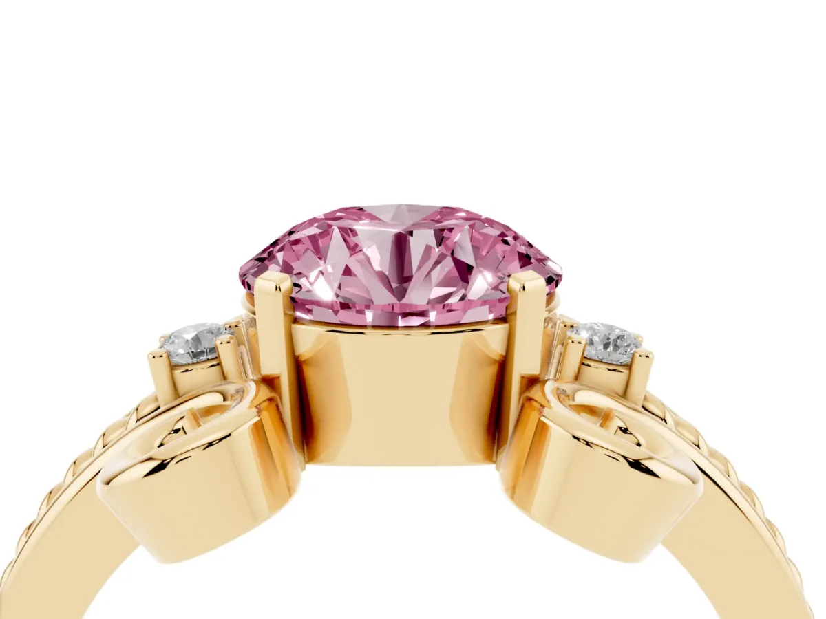 Fancy Pink Round Cut Solitaire Twisted Band Scroll Prong Ring Yellow gold
