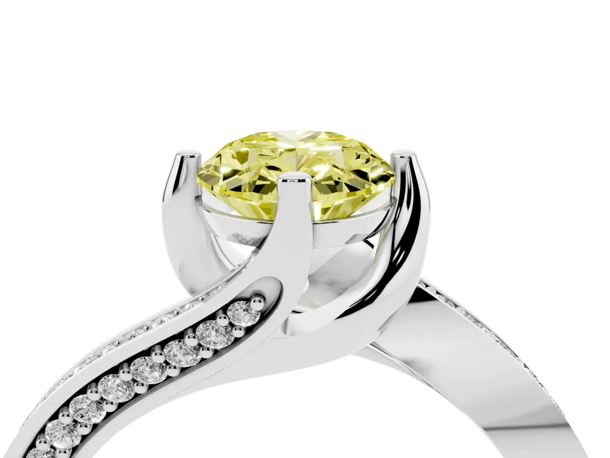 Fancy Yellow Oval Cut Solitaire Diamond Twist Band with Pavé Setting and Four-Prong Setting Platinum
