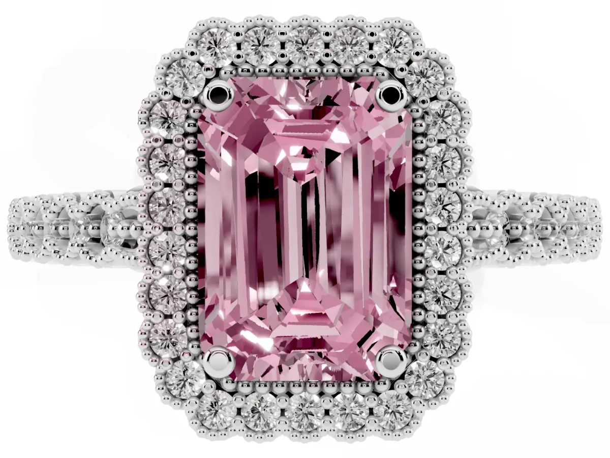 Fancy Pink Emerald Cut Cut Halo Pavé Solitaire Ring with Milgrain Band Silver