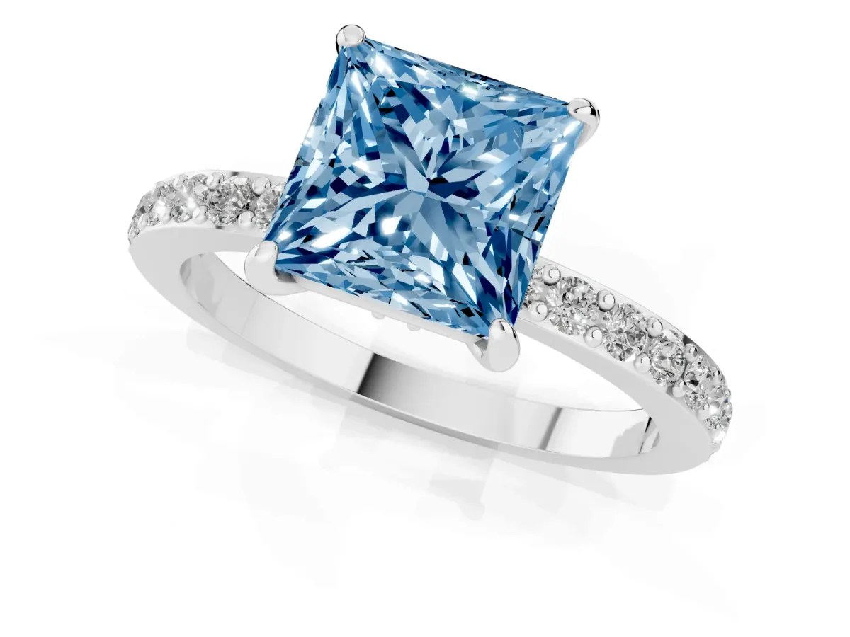 Fancy Blue Princess Cut Diamond Solitaire Engagement Ring with Pavé Band and Four-Prong Setting Silver