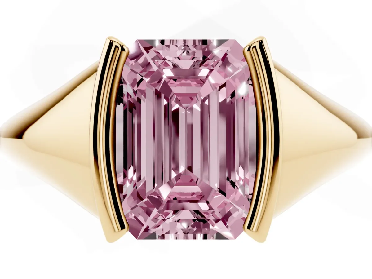Fancy Pink Emerald Cut Solitaire Tension Set Diamond Ring Yellow gold