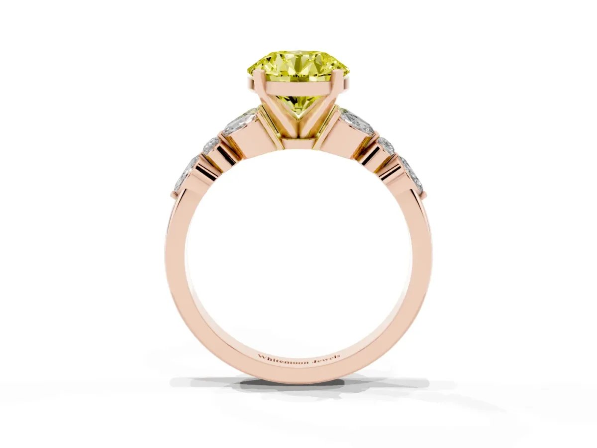 Fancy Yellow Round Cut Diamond Solitaire Ring with Side Stones and Four-Prong Setting Rose gold