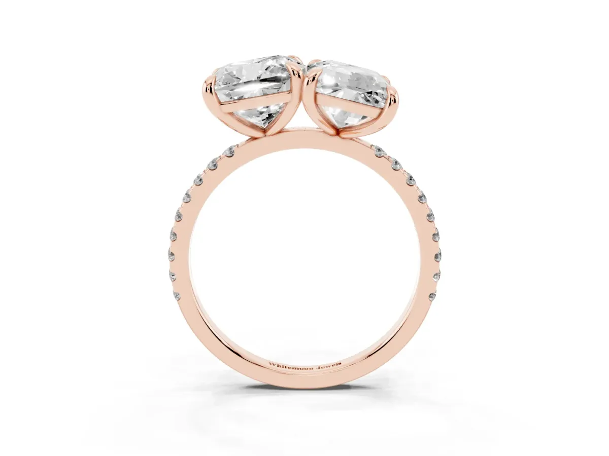 Cushion and Emerald Toi Moi Ring with Prong Setting and Micro Pave Band Rose gold