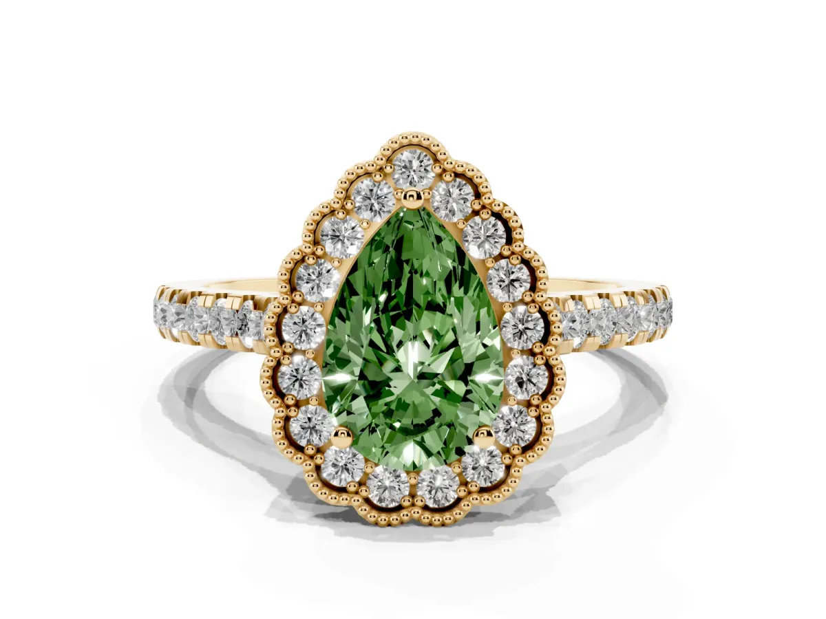 Fancy Green Pear Cut Cut Diamond Milgrain Floral Halo Engagement Ring with Pavé Band Yellow gold