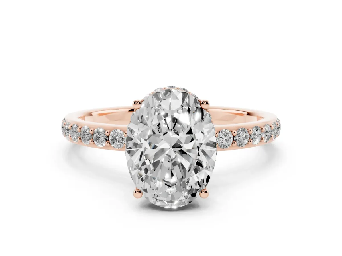 Oval Cut Diamond Solitaire Ring with Pavé Band and Hidden Halo Rose gold