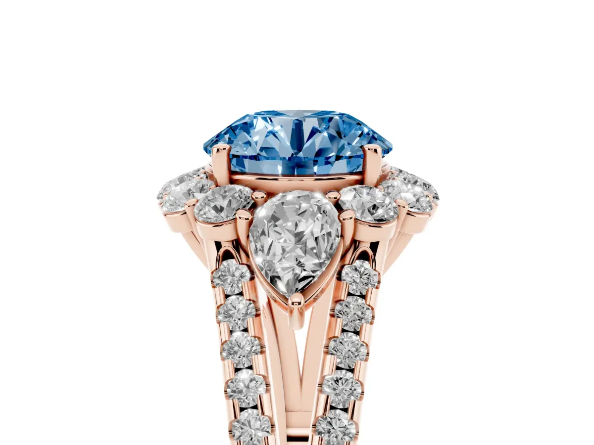 Fancy Blue Round Cut Halo Split Shank Diamond Engagement Ring with Prong Setting Rose gold