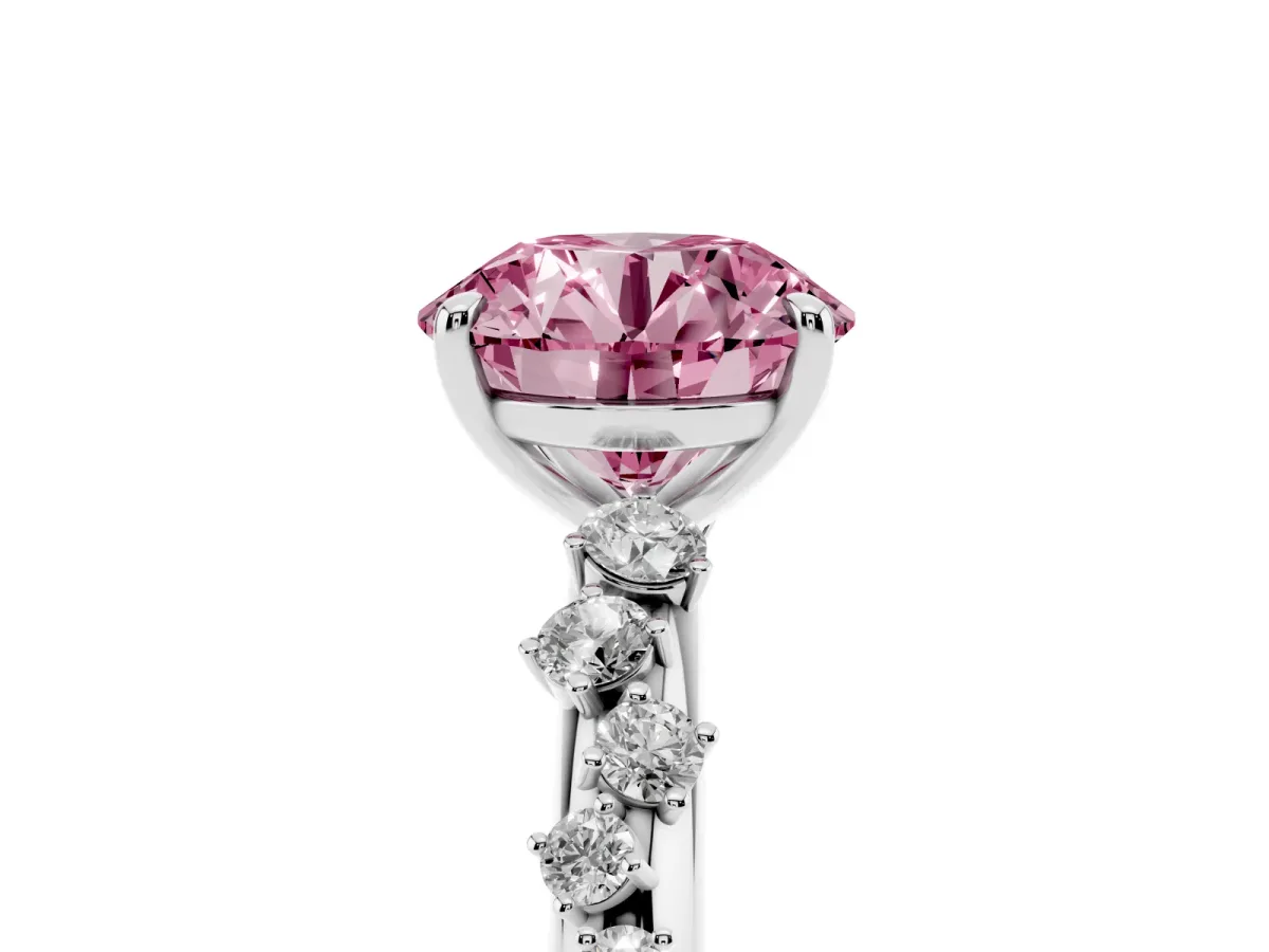 Fancy Pink Round Cut Diamond Cluster Prong-Set Solitaire Ring Silver