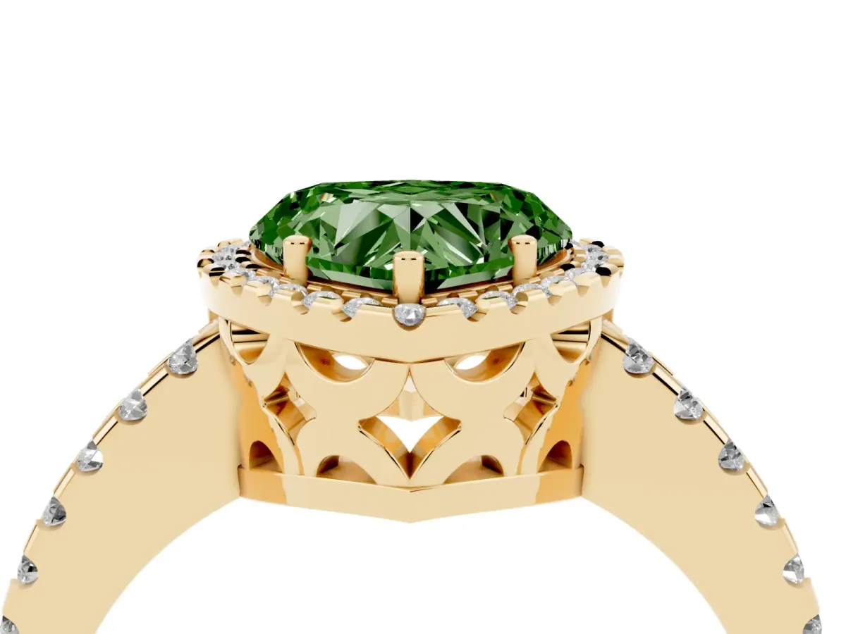 Fancy Green Heart Cut Diamond Halo Engagement Ring with Pavé Band and Prong Setting Yellow gold