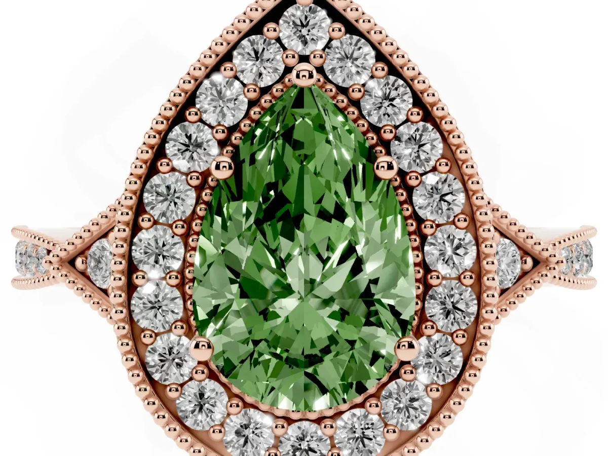 Fancy Green Pear Cut Halo Round Diamond Milgrain Pave Engagement Ring Rose gold