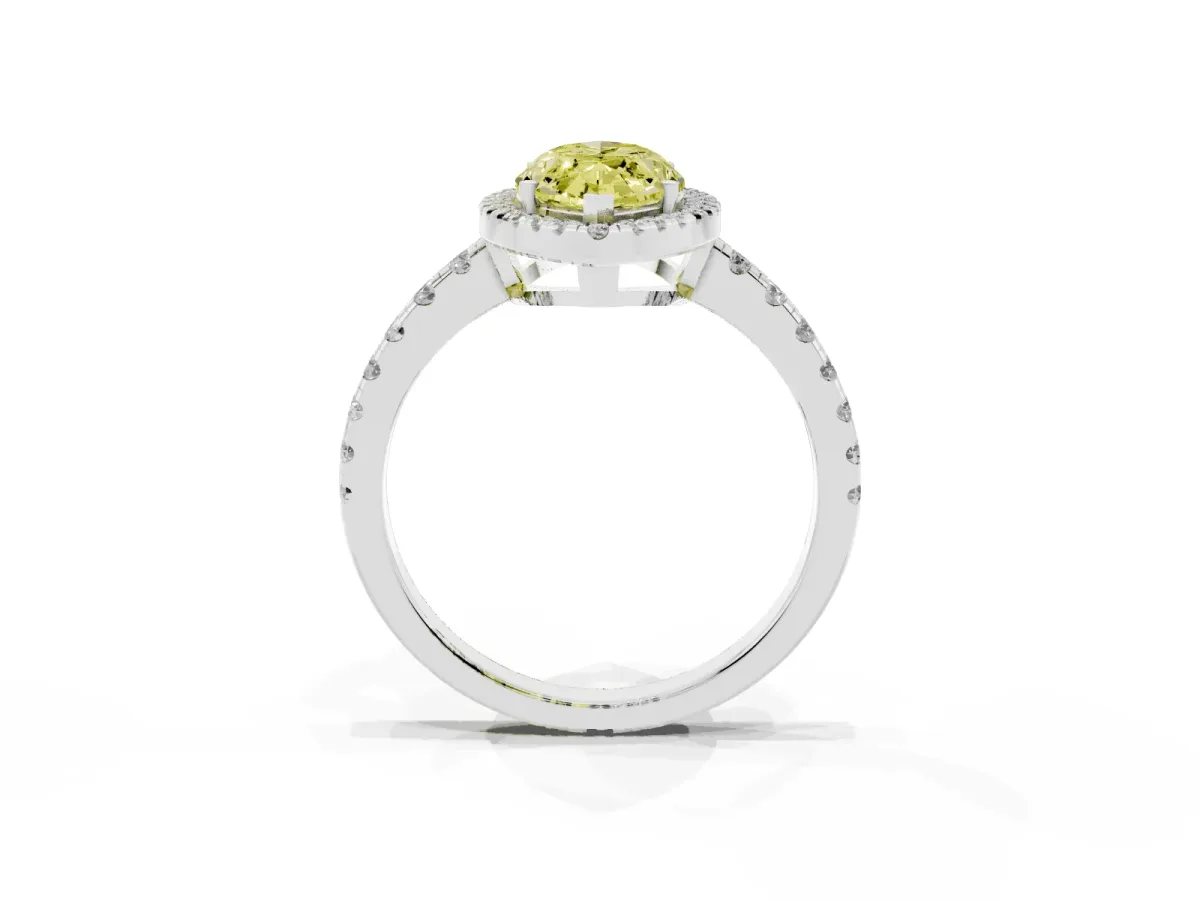 Fancy Yellow Marquise Cut Diamond Halo Ring with Pavé Band and Four-Prong Setting Platinum