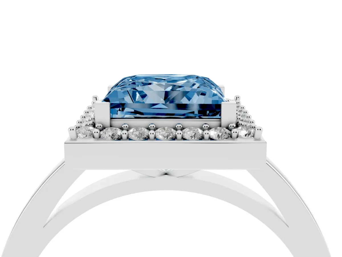 Fancy Blue Princess Cut Halo Diamond Ring with Solitaire Band and Prong Setting Silver
