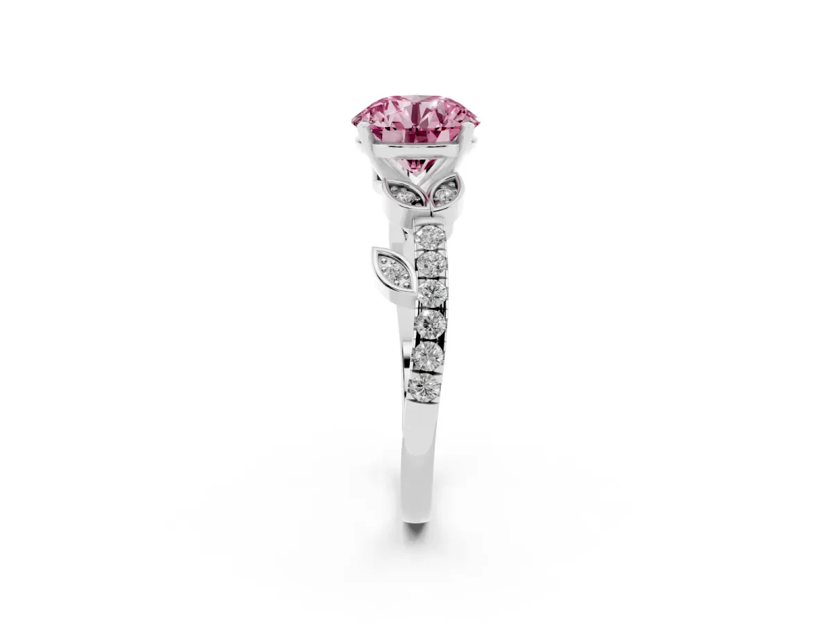 Fancy Pink Round Cut Solitaire Leaf-Inspired Diamond Ring with Pavé Band and Four-Prong Setting Silver