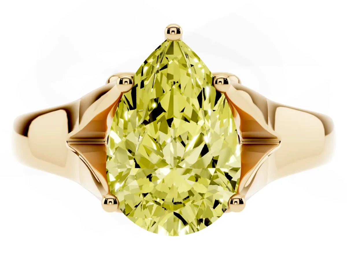 Fancy Yellow Pear Cut Solitaire Diamond Ring with Cathedral Band and Four-Prong Setting Yellow gold