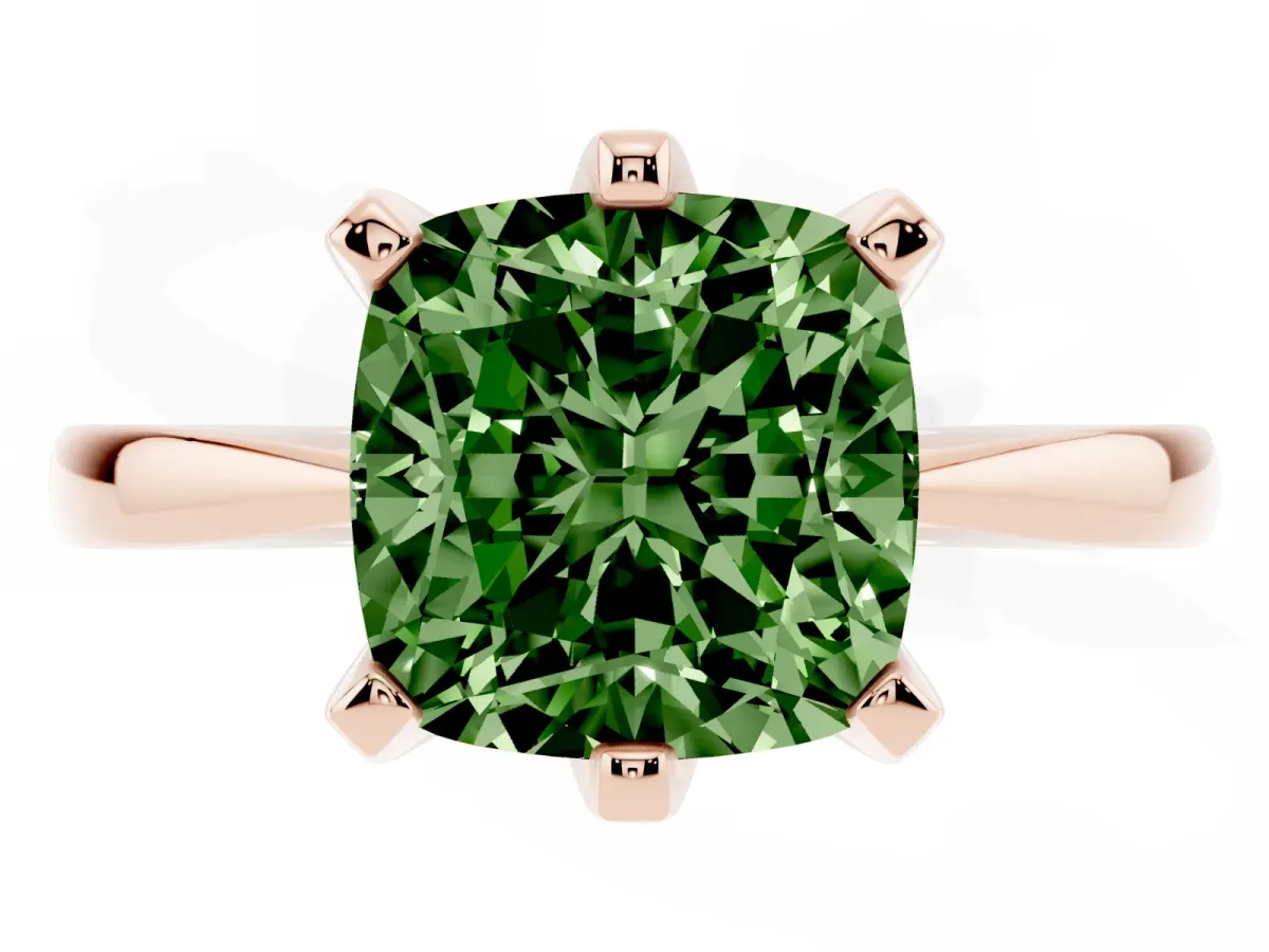 Fancy Green Cushion Cut Solitaire Engagement Ring with Six-Prong Setting and Tapered Band Rose gold