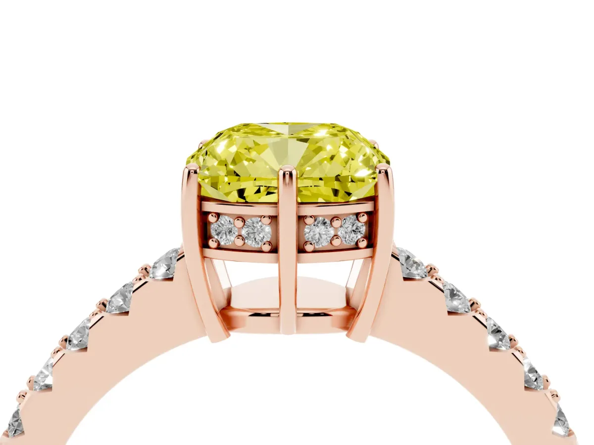 Fancy Yellow Cushion Cut Solitaire Diamond Engagement Ring with Pavé Band and Six-Prong Setting Rose gold