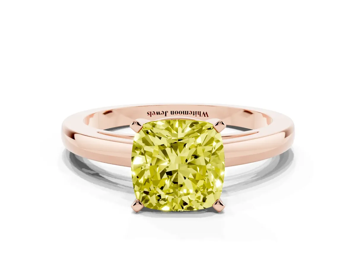 Fancy Yellow Cushion Cut Solitaire Diamond Engagement Ring with Four-Prong Setting on a Classic Band Rose gold