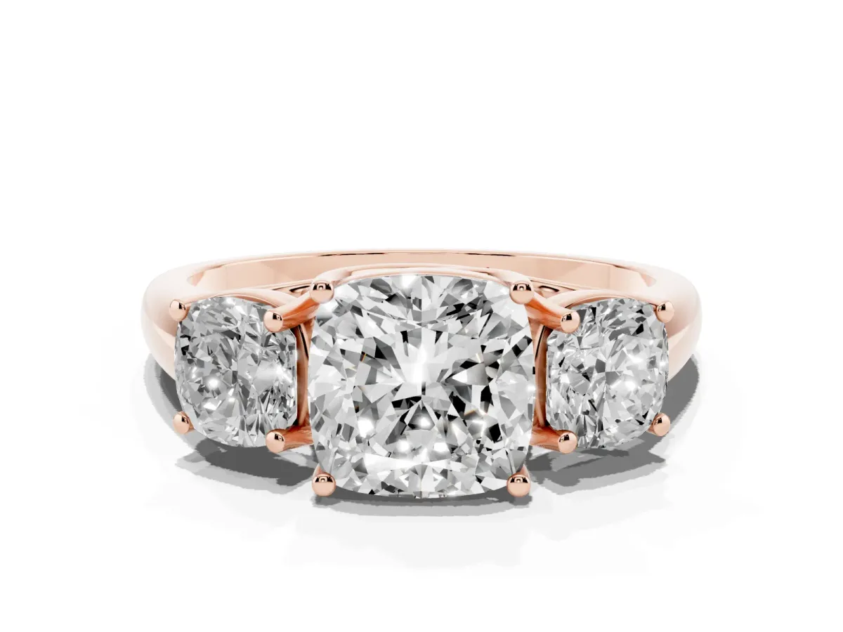 Three-Stone Cushion Cut Diamond Engagement Ring with Prong Setting Rose gold