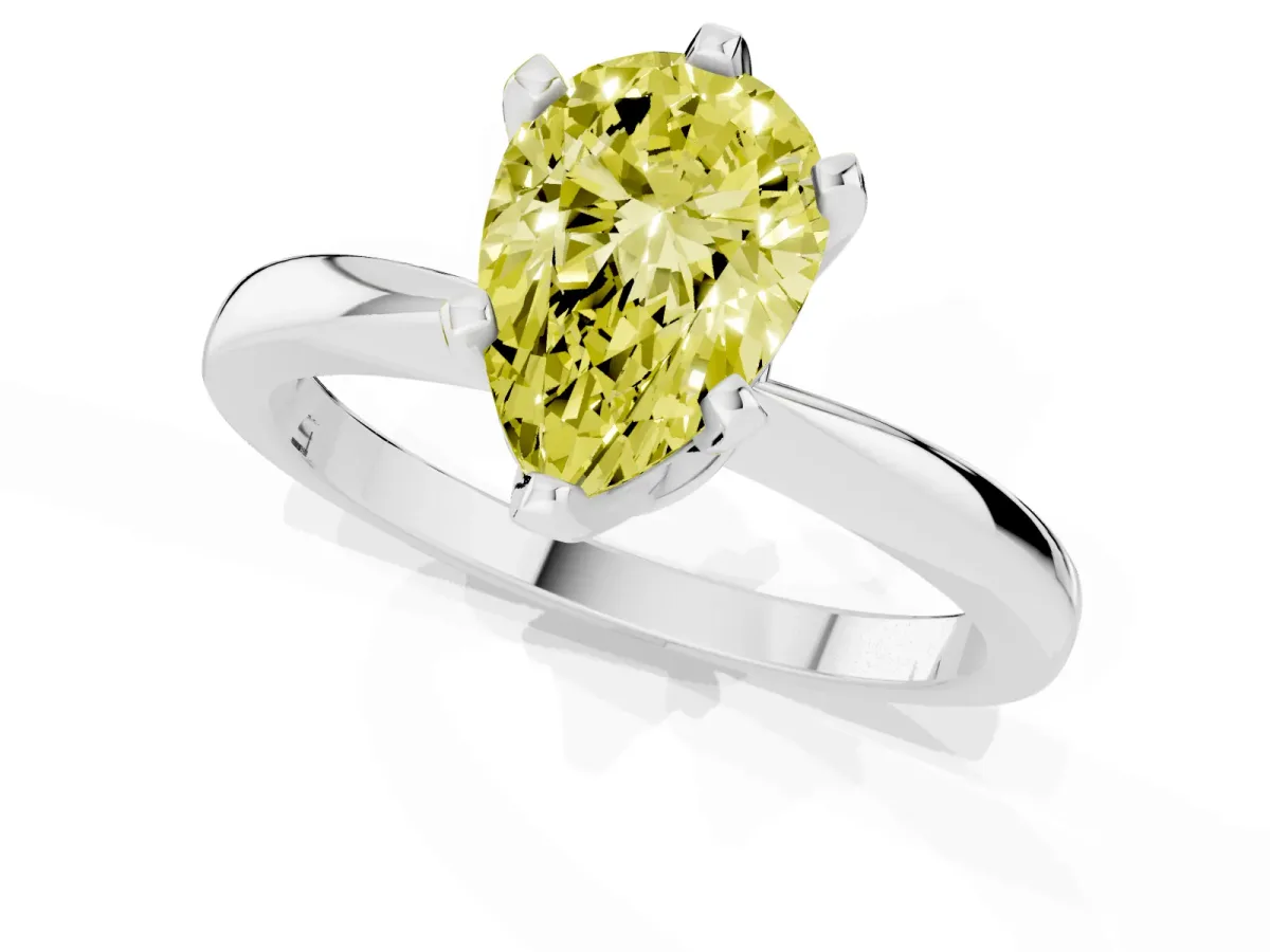 Fancy Yellow Pear Cut Solitaire Engagement Ring with Six-Prong Setting and Tapered Band Silver