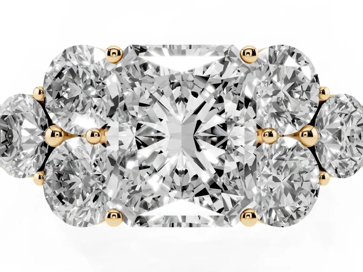 Radiant Cut Cut Diamond Cluster Ring with Round Accent Stones and Prong Setting on a Classic Band Yellow gold