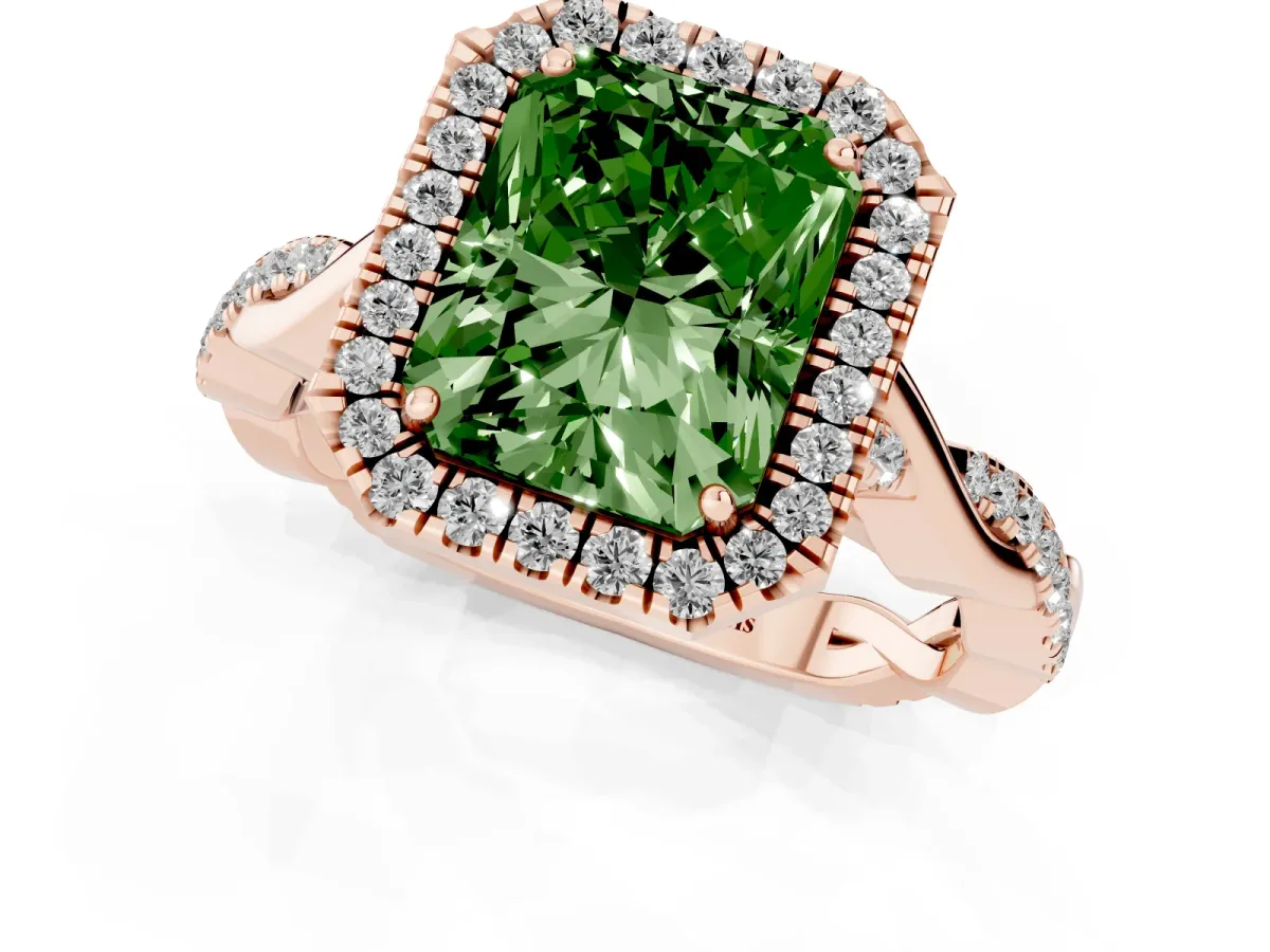 Fancy Green Radiant Cut Halo Twist Band Solitaire Ring Rose gold