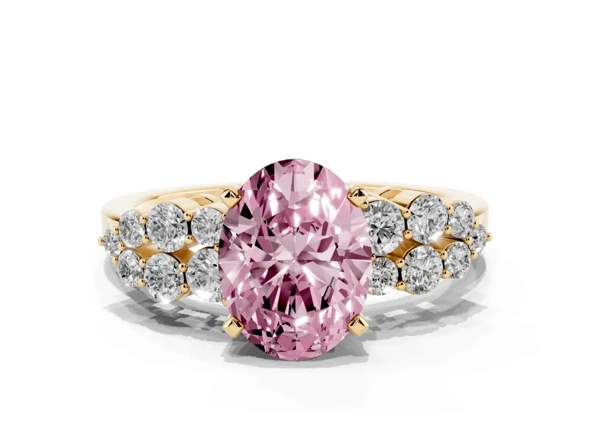 Fancy Pink Oval Cut Cluster Diamond Engagement Ring with Pavé Band and Four-Prong Setting Yellow gold