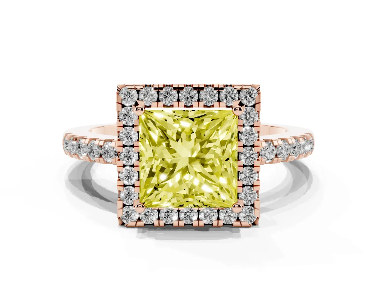 Fancy Yellow Princess Cut Halo Diamond Engagement Ring with Pavé Band and Four-Prong Setting Rose gold