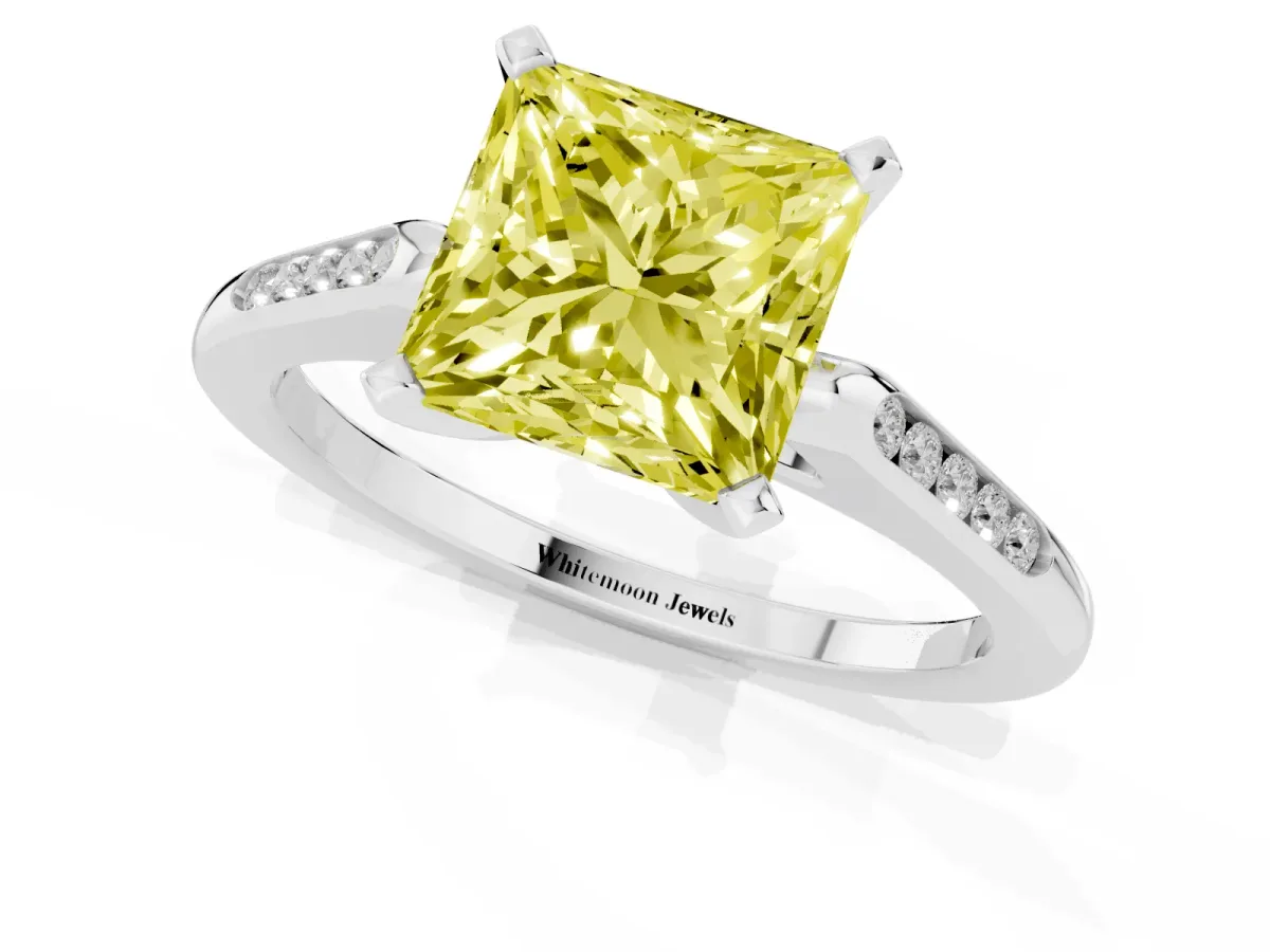 Fancy Yellow Princess Cut Diamond Solitaire Ring with Channel Set Round Band and Prong Setting Platinum